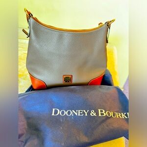 New Dooney & Bourke leather shoulder bag, gray/tan, with tags.